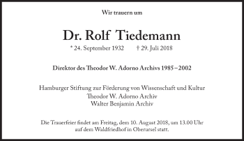 Traueranzeige von Rolf Tiedemann von Süddeutsche Zeitung