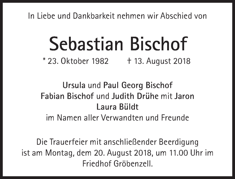  Traueranzeige für Sebastian Bischof vom 18.08.2018 aus Süddeutsche Zeitung