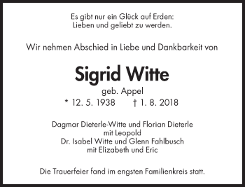 Traueranzeige von Sigrid Witte von Süddeutsche Zeitung