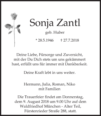 Traueranzeige von Sonja Zantl von Süddeutsche Zeitung