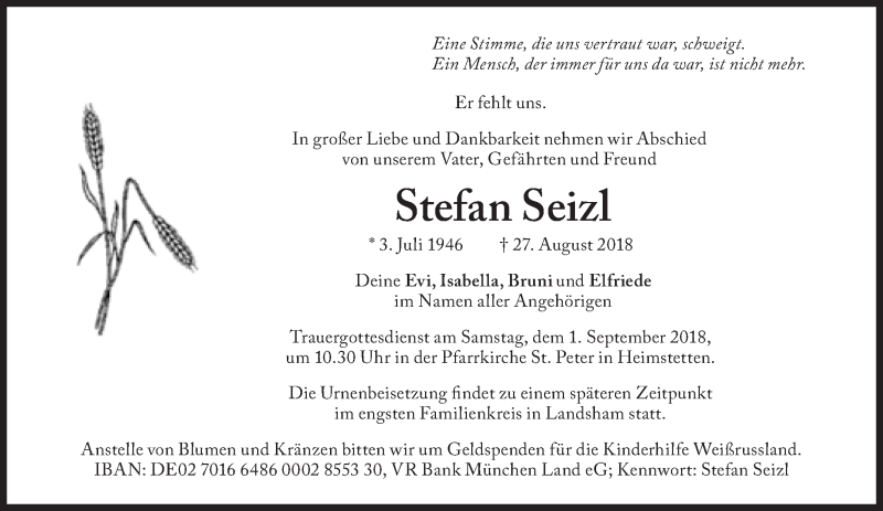  Traueranzeige für Stefan Seizl vom 30.08.2018 aus Süddeutsche Zeitung
