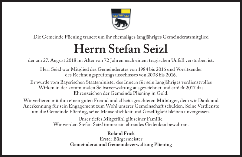  Traueranzeige für Stefan Seizl vom 30.08.2018 aus Süddeutsche Zeitung