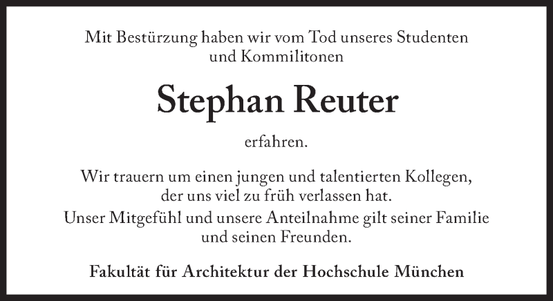  Traueranzeige für Stephan Reuter vom 08.08.2018 aus Süddeutsche Zeitung