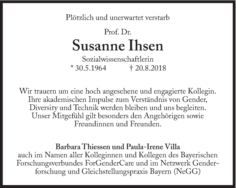  Traueranzeige für Susanne Ihsen vom 28.08.2018 aus Süddeutsche Zeitung
