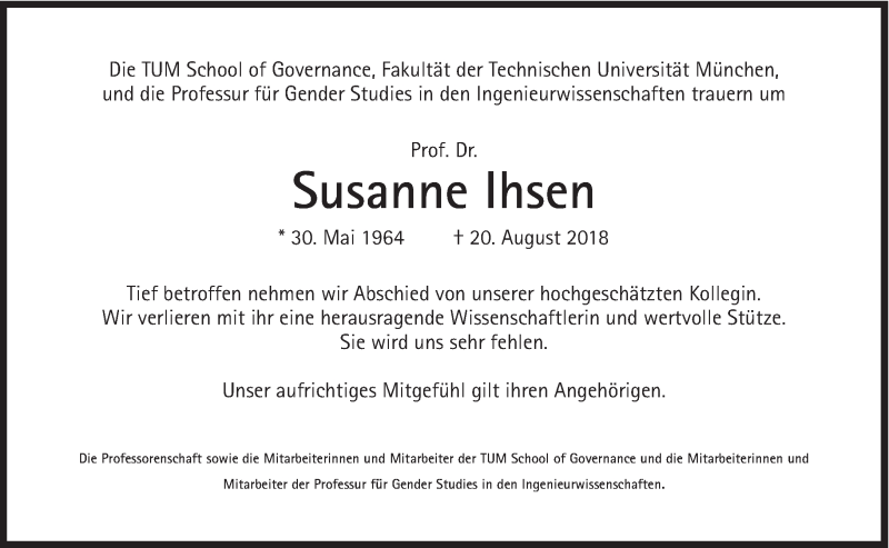  Traueranzeige für Susanne Ihsen vom 25.08.2018 aus Süddeutsche Zeitung