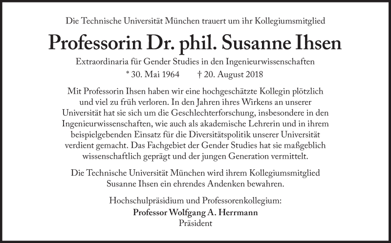  Traueranzeige für Susanne Ihsen vom 25.08.2018 aus Süddeutsche Zeitung