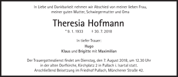 Traueranzeige von Theresia Hofmann von Süddeutsche Zeitung