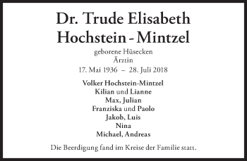 Traueranzeige von Trude Elisabeth Hochstein-Mintzel von Süddeutsche Zeitung