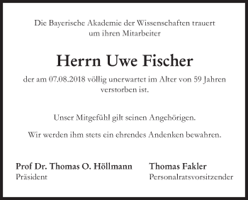 Traueranzeige von Uwe Fischer von Süddeutsche Zeitung