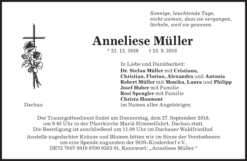  Traueranzeige für Anneliese Müller vom 25.09.2018 aus Süddeutsche Zeitung