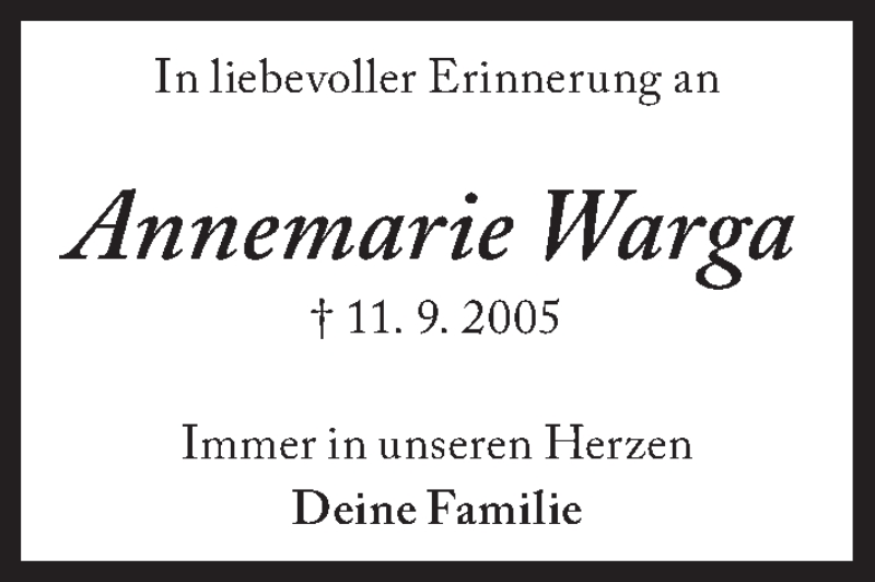  Traueranzeige für Annemarie Warga vom 11.09.2018 aus Süddeutsche Zeitung