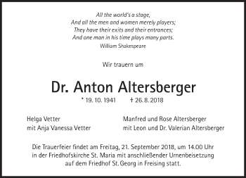 Traueranzeige von Anton Altersberger von Süddeutsche Zeitung