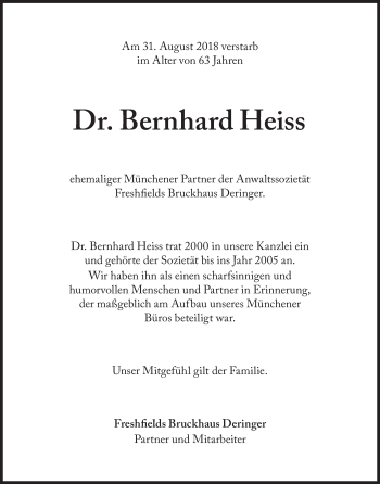 Traueranzeige von Bernhard Heiss von Süddeutsche Zeitung