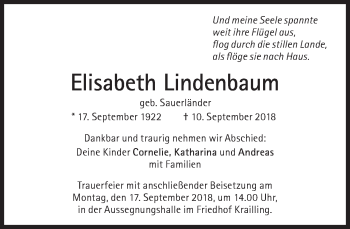 Traueranzeige von Elisabeth Lindenbaum von Süddeutsche Zeitung