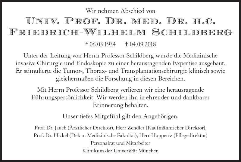  Traueranzeige für Friedrich-Wilhelm Schildberg vom 14.09.2018 aus Süddeutsche Zeitung