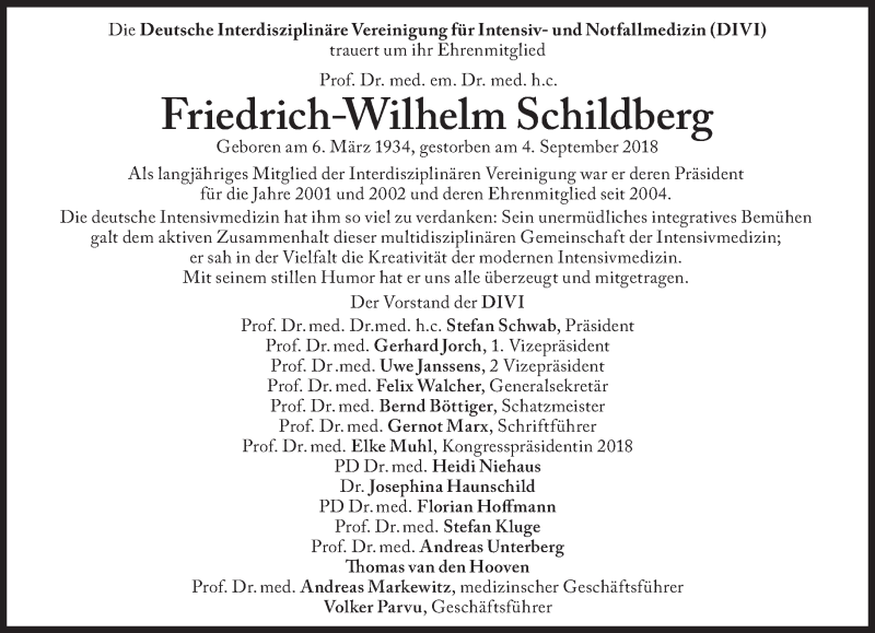  Traueranzeige für Friedrich-Wilhelm Schildberg vom 10.09.2018 aus Süddeutsche Zeitung