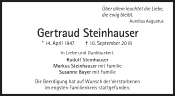 Traueranzeige von Gertraud Steinhauser von Süddeutsche Zeitung