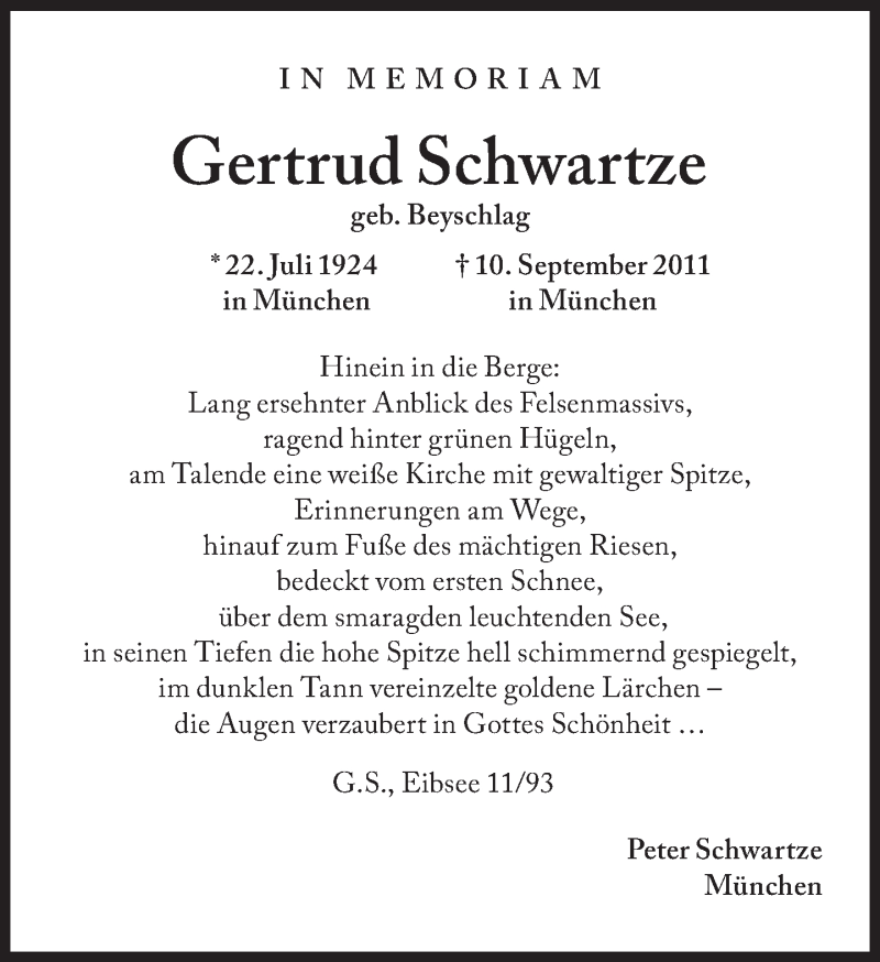  Traueranzeige für Gertrud Schwartze vom 10.09.2018 aus Süddeutsche Zeitung