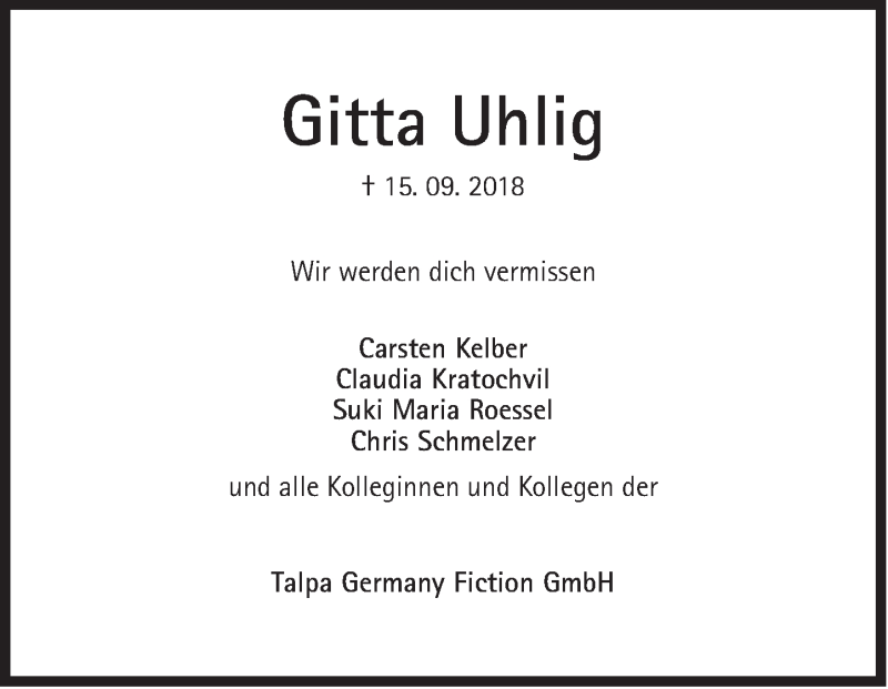  Traueranzeige für Gitta Uhlig vom 22.09.2018 aus Süddeutsche Zeitung
