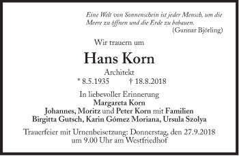 Traueranzeige von Hans Korn von Süddeutsche Zeitung