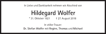 Traueranzeige von Hildegard Wolfer von Süddeutsche Zeitung