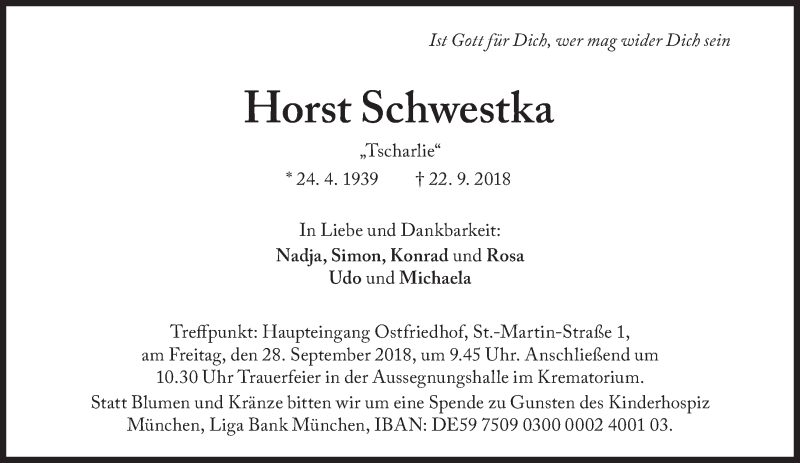  Traueranzeige für Horst Schwestka vom 25.09.2018 aus Süddeutsche Zeitung
