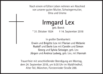Traueranzeige von Irmgard Lex von Süddeutsche Zeitung
