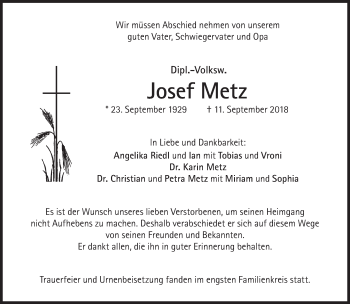 Traueranzeige von Josef Metz von Süddeutsche Zeitung