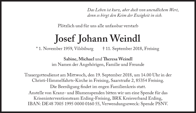  Traueranzeige für Josef Johann Weindl vom 18.09.2018 aus Süddeutsche Zeitung