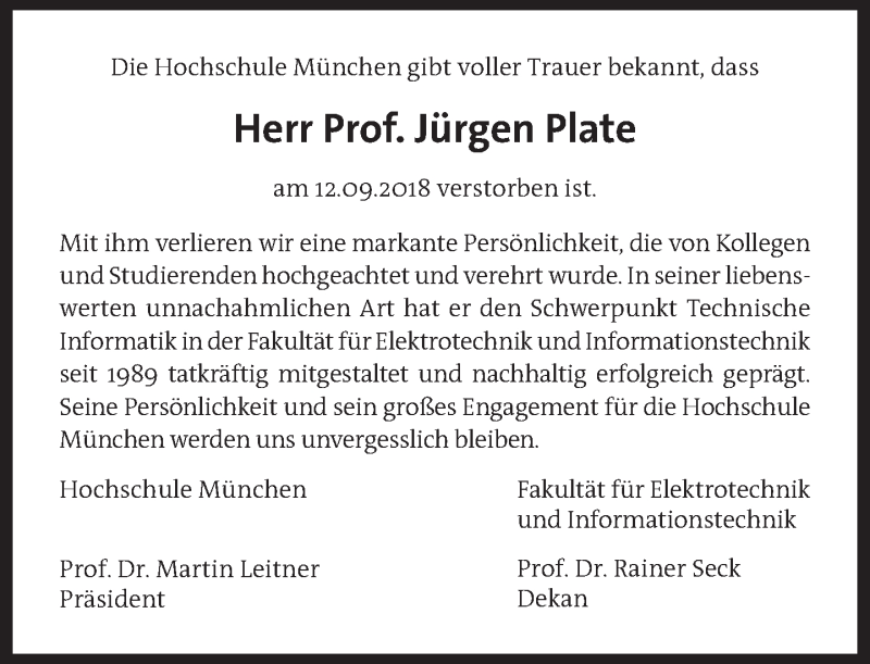  Traueranzeige für Jürgen Plate vom 21.09.2018 aus Süddeutsche Zeitung