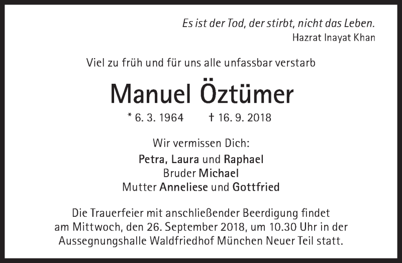  Traueranzeige für Manuel Öztümer vom 22.09.2018 aus Süddeutsche Zeitung
