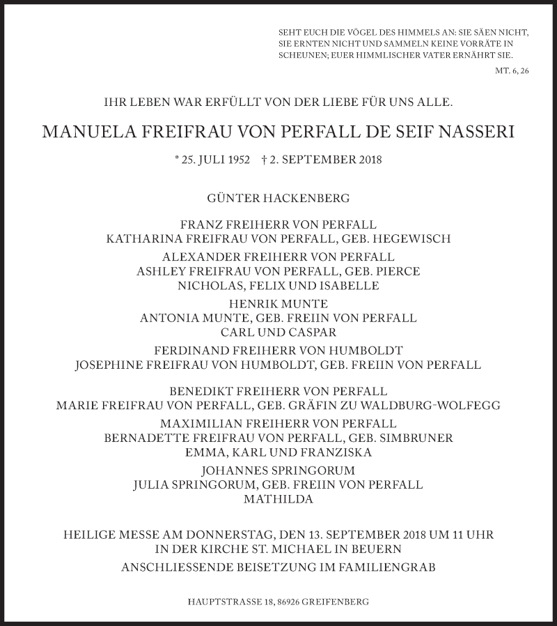  Traueranzeige für Manuela  Freifrau von Perfall de Seif Nasseri vom 08.09.2018 aus Süddeutsche Zeitung