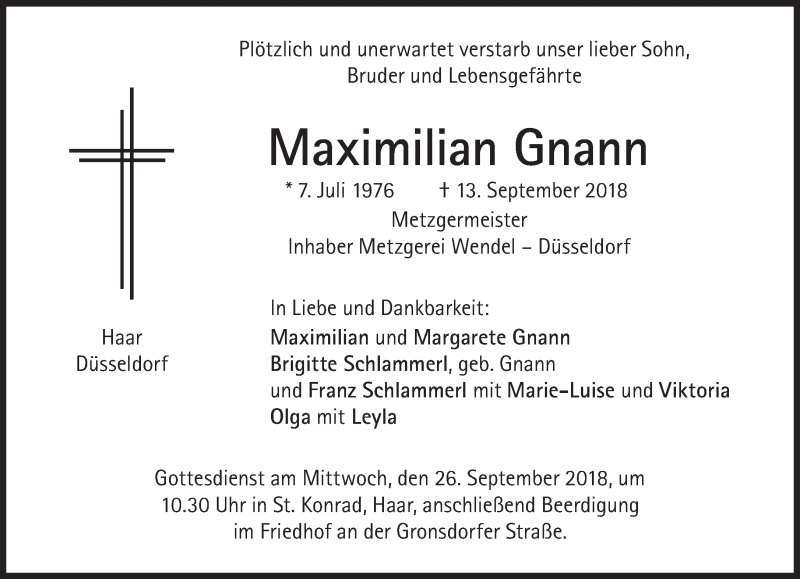  Traueranzeige für Maximilian Gnann vom 22.09.2018 aus Süddeutsche Zeitung