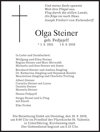 Traueranzeige von Olga Steiner von Süddeutsche Zeitung