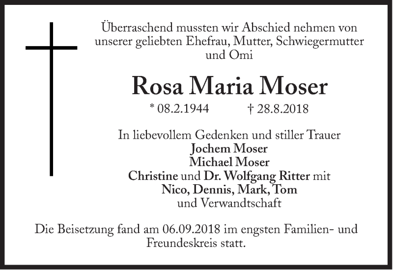  Traueranzeige für Rosa Maria Moser vom 13.09.2018 aus Süddeutsche Zeitung