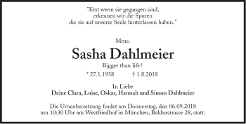 Traueranzeige von Sasha Dahlmeier von Süddeutsche Zeitung