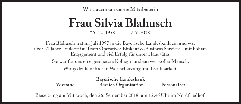  Traueranzeige für Silvia Blahusch vom 25.09.2018 aus Süddeutsche Zeitung