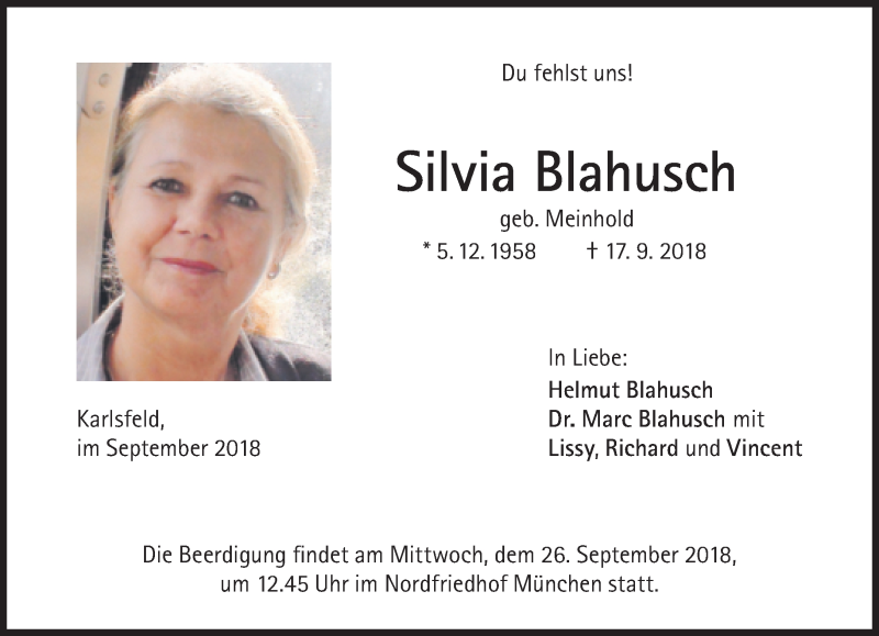 Traueranzeige für Silvia Blahusch vom 22.09.2018 aus Süddeutsche Zeitung