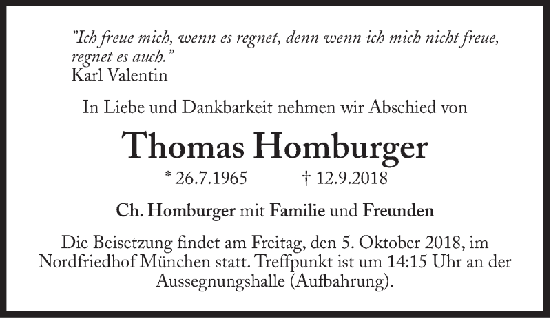  Traueranzeige für Thomas Homburger vom 22.09.2018 aus Süddeutsche Zeitung