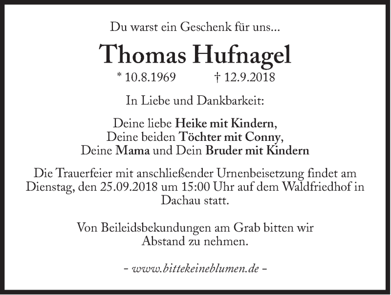  Traueranzeige für Thomas Hufnagel vom 18.09.2018 aus Süddeutsche Zeitung