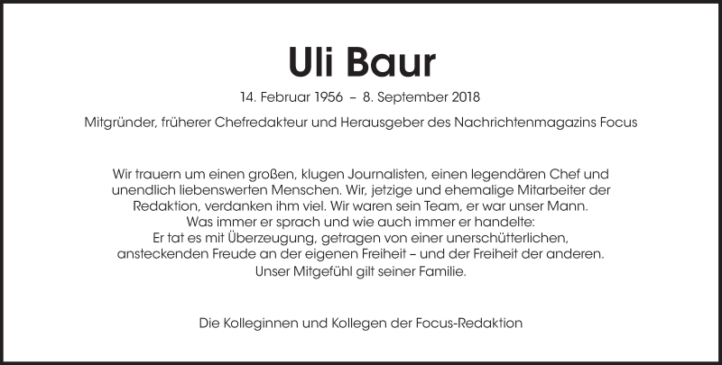  Traueranzeige für Uli Baur vom 12.09.2018 aus Süddeutsche Zeitung