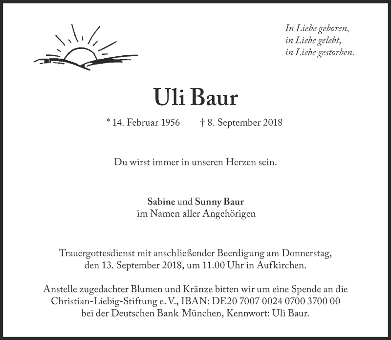  Traueranzeige für Uli Baur vom 11.09.2018 aus Süddeutsche Zeitung