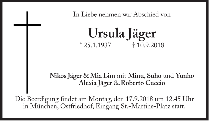  Traueranzeige für Ursula Jäger vom 15.09.2018 aus Süddeutsche Zeitung