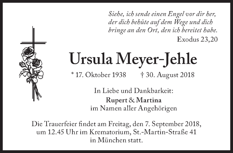  Traueranzeige für Ursula Meyer-Jehle vom 05.09.2018 aus Süddeutsche Zeitung