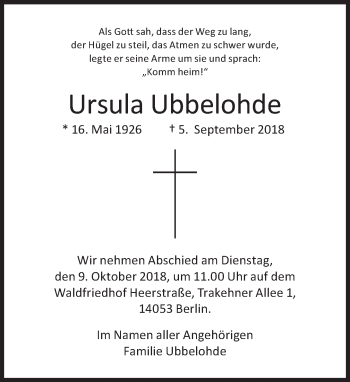 Traueranzeige von Ursula Ubbelohde von Süddeutsche Zeitung