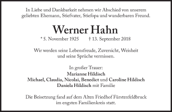 Traueranzeige von Werner Hahn von Süddeutsche Zeitung