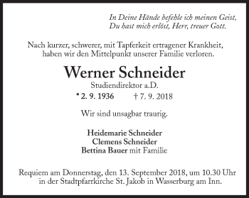 Traueranzeige von Werner Schneider von Süddeutsche Zeitung