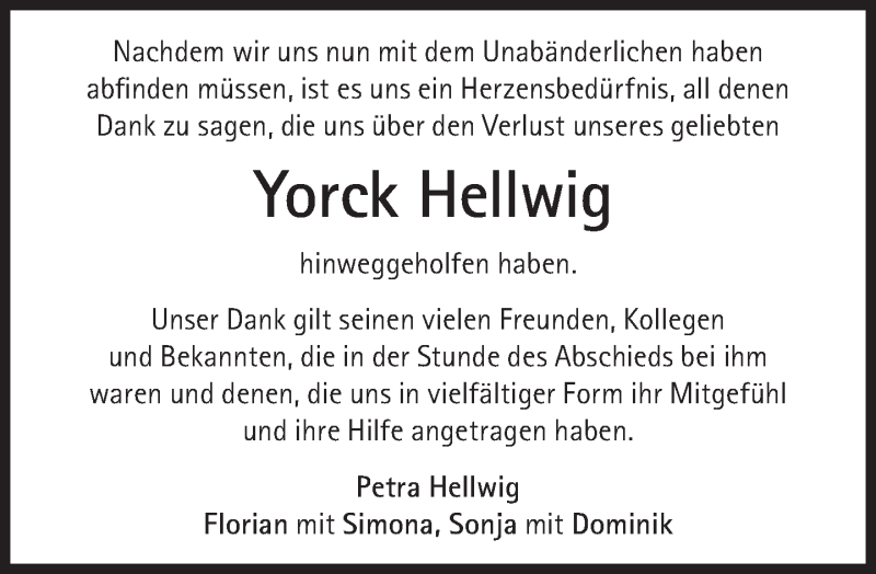  Traueranzeige für Yorck Hellwig vom 29.09.2018 aus Süddeutsche Zeitung