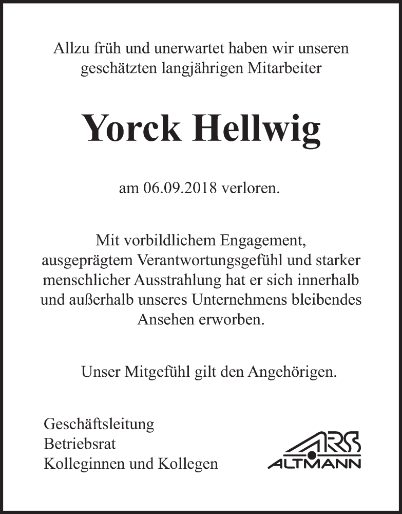  Traueranzeige für Yorck Hellwig vom 15.09.2018 aus Süddeutsche Zeitung