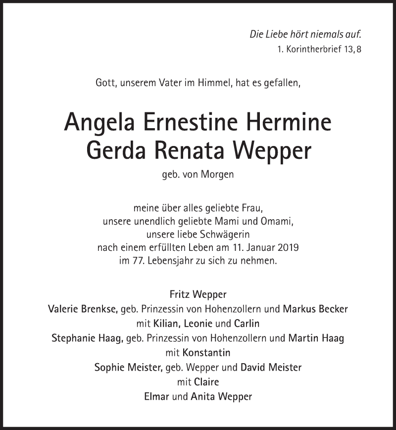 Traueranzeige für Angela Ernestine Hermine Gerda Renata Wepper vom 18.01.2019 aus Süddeutsche Zeitung